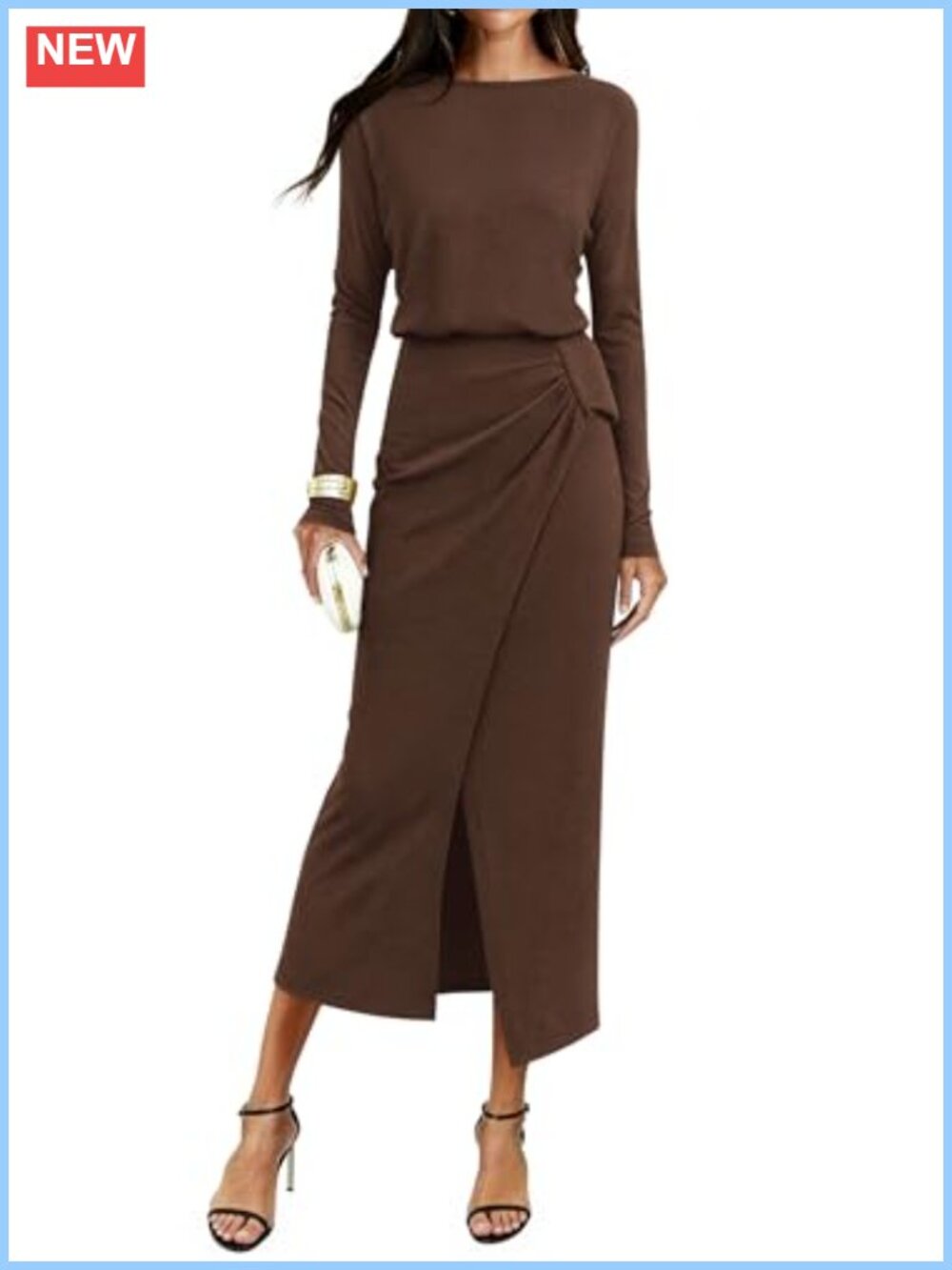 Knit Wrap Maxi Dress Boat Neck Ruched Front Slit Long Sleeve Cocktail